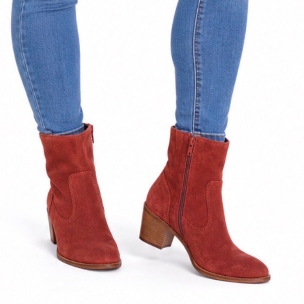 Crevo Jade Brick Red Suede Leather Ankle Boots Stacked Block Heel Womens 7.5